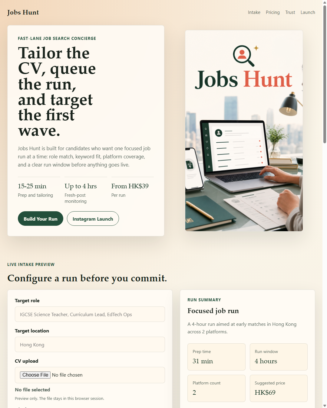 Jobs Hunt dashboard screenshot showing intake, queue, and pricing sections